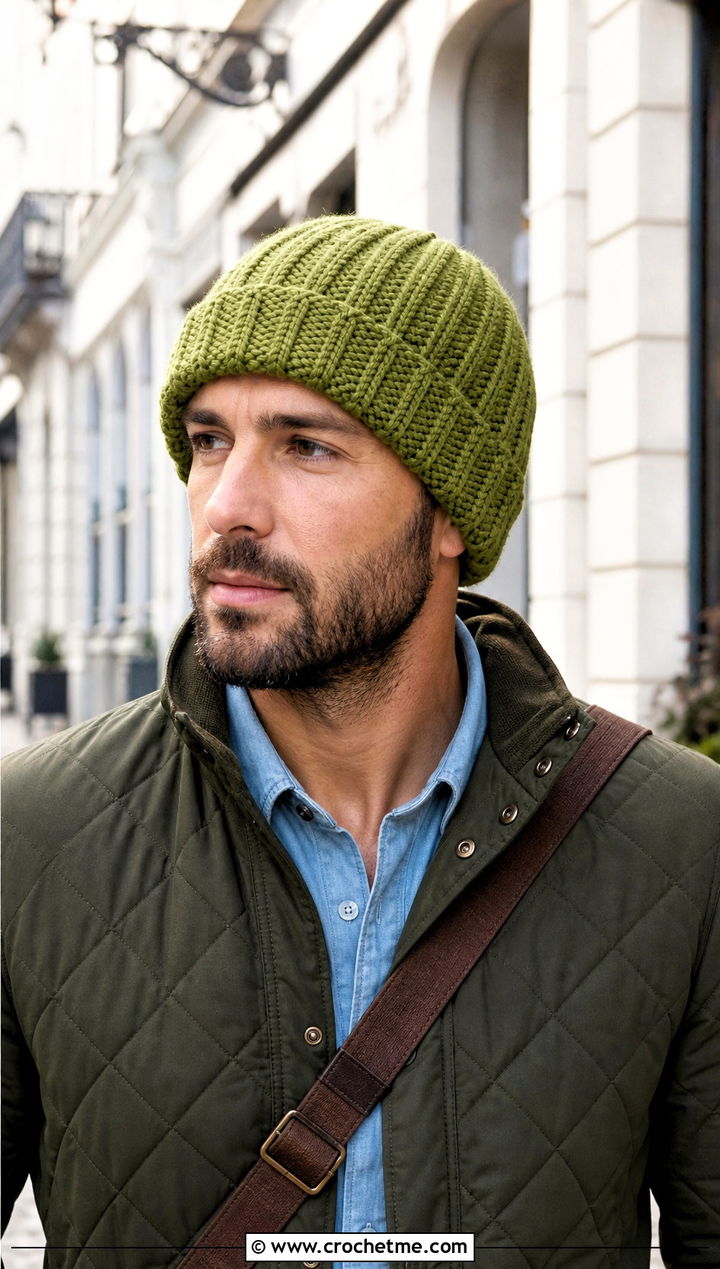 Knit Look Crochet Beanie With Quilted Jacket - 25 Easy Mens Crochet Beanie outfit ideas