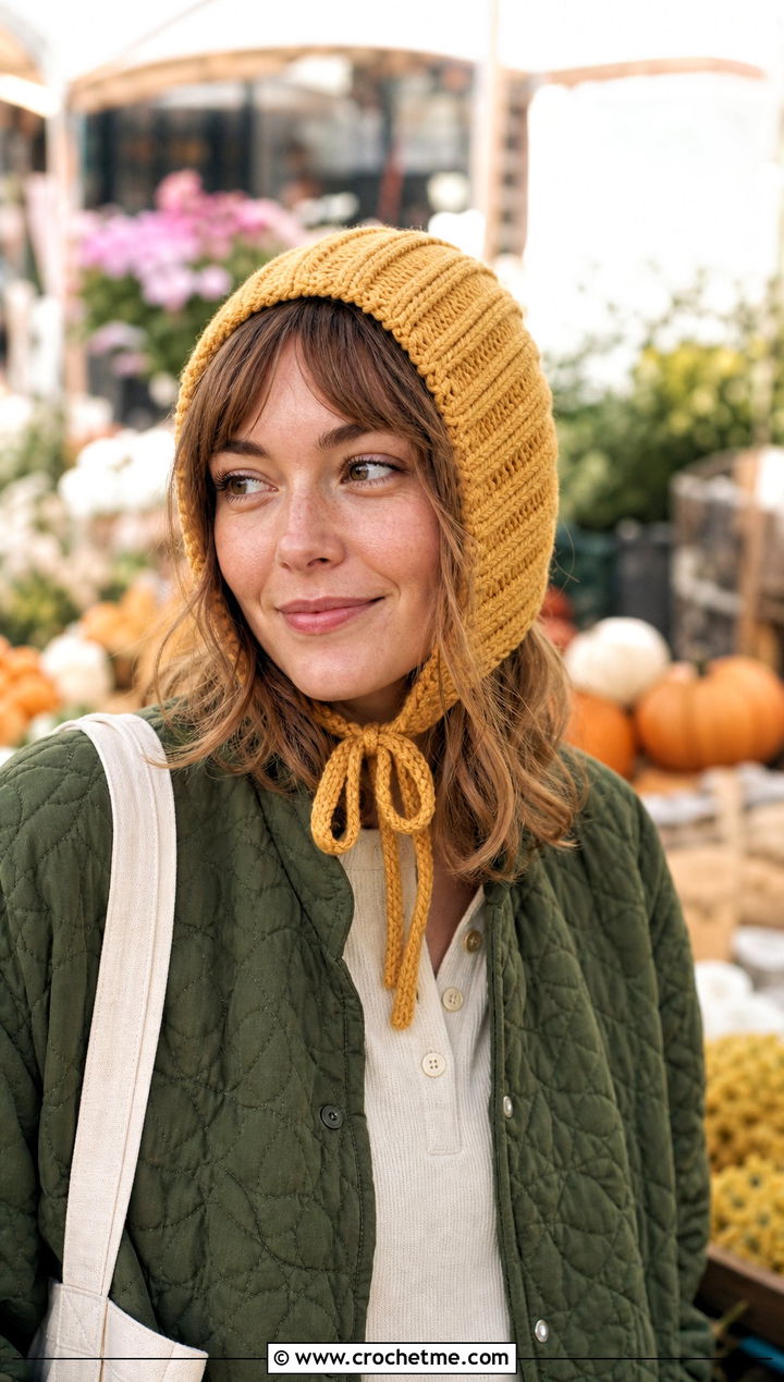 Knit Look Crochet Bonnet With Quilted Jacket - 20 Crochet Knit Look Hat outfit ideas