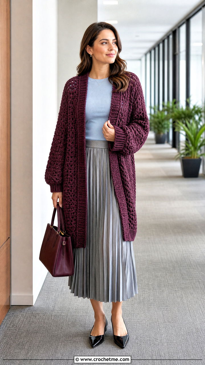Knit Look Crochet Cardigan With Pleated Skirt - 35 oversized crochet cardigan outfit ideas