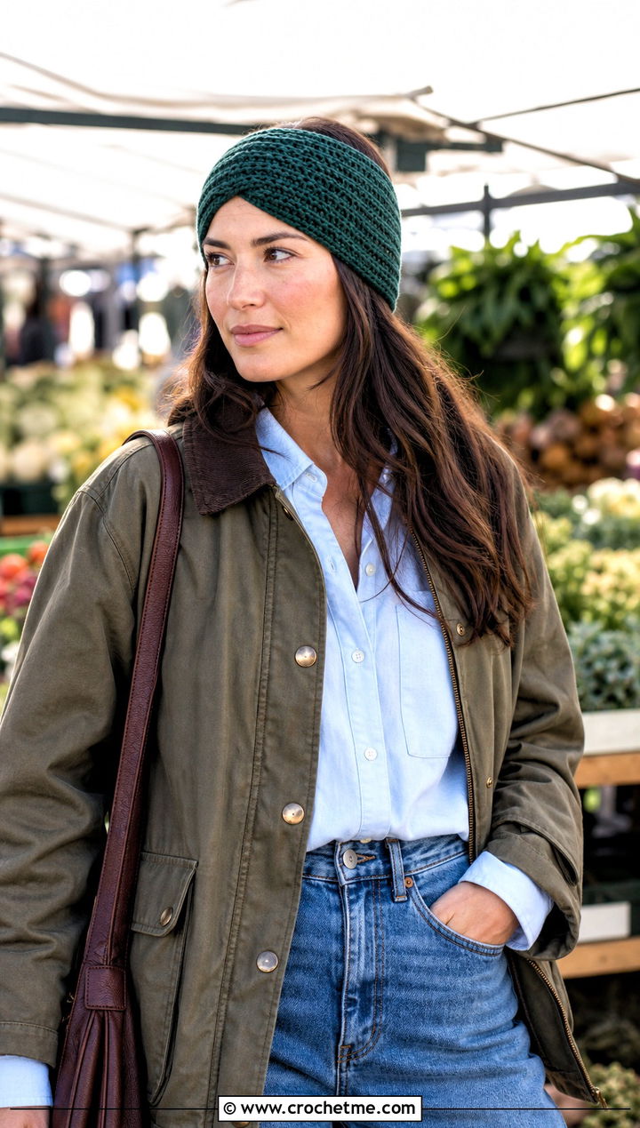 Knit Look Crochet Ear Warmer With Barn Jacket - 20 Crochet Headband Ear Warmers outfit ideas