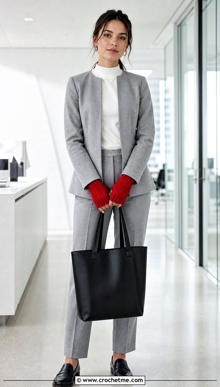 Knit Look Crochet Fingerless Gloves With Gray Suit - 25 finger less crochet gloves outfit ideas
