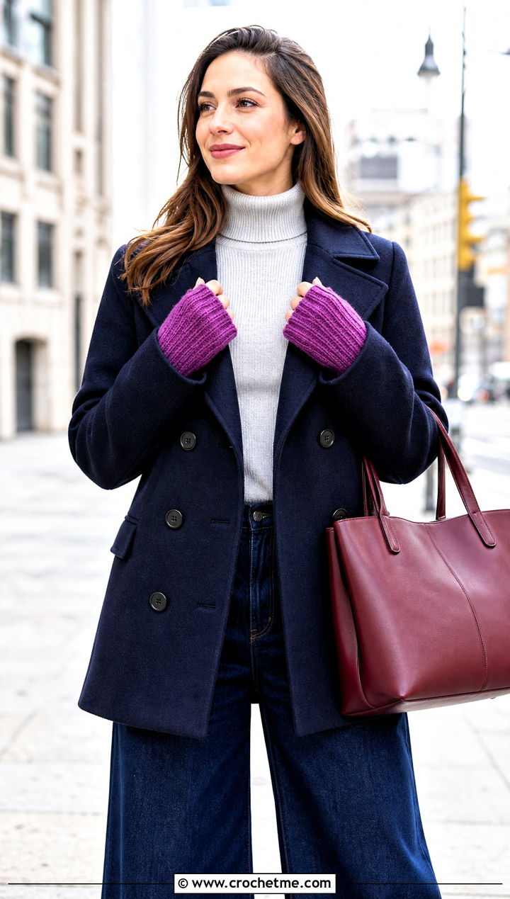 Knit Look Crochet Fingerless Gloves With Peacoat And Wide Leg Jeans - 25 Simple Crochet Fingerless Gloves outfit ideas