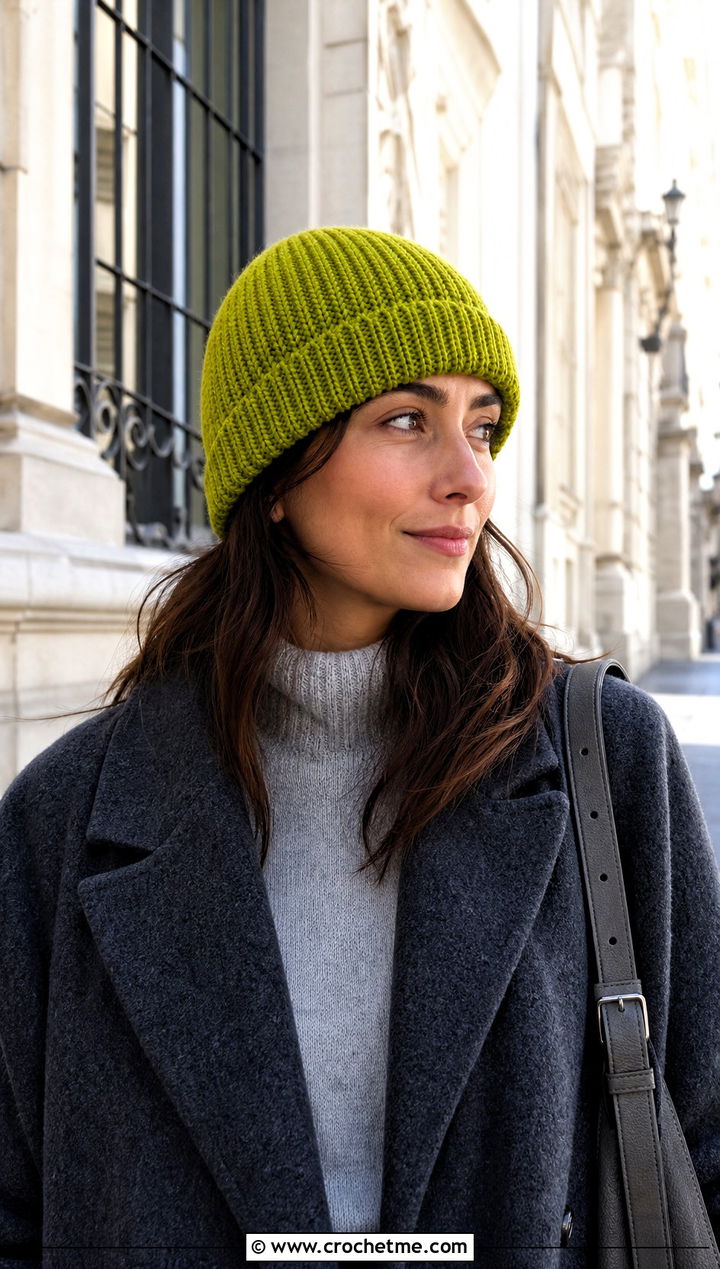 Knit Look Crochet Fold Up Brim Hat With Monochrome Outfit - 15 Crochet Hat With Fold Up Brim outfit ideas
