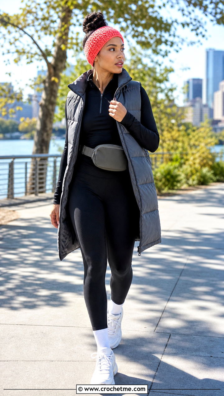 Knit Look Crochet Headband With Athleisure Set - 35 crochet winter headband outfit ideas