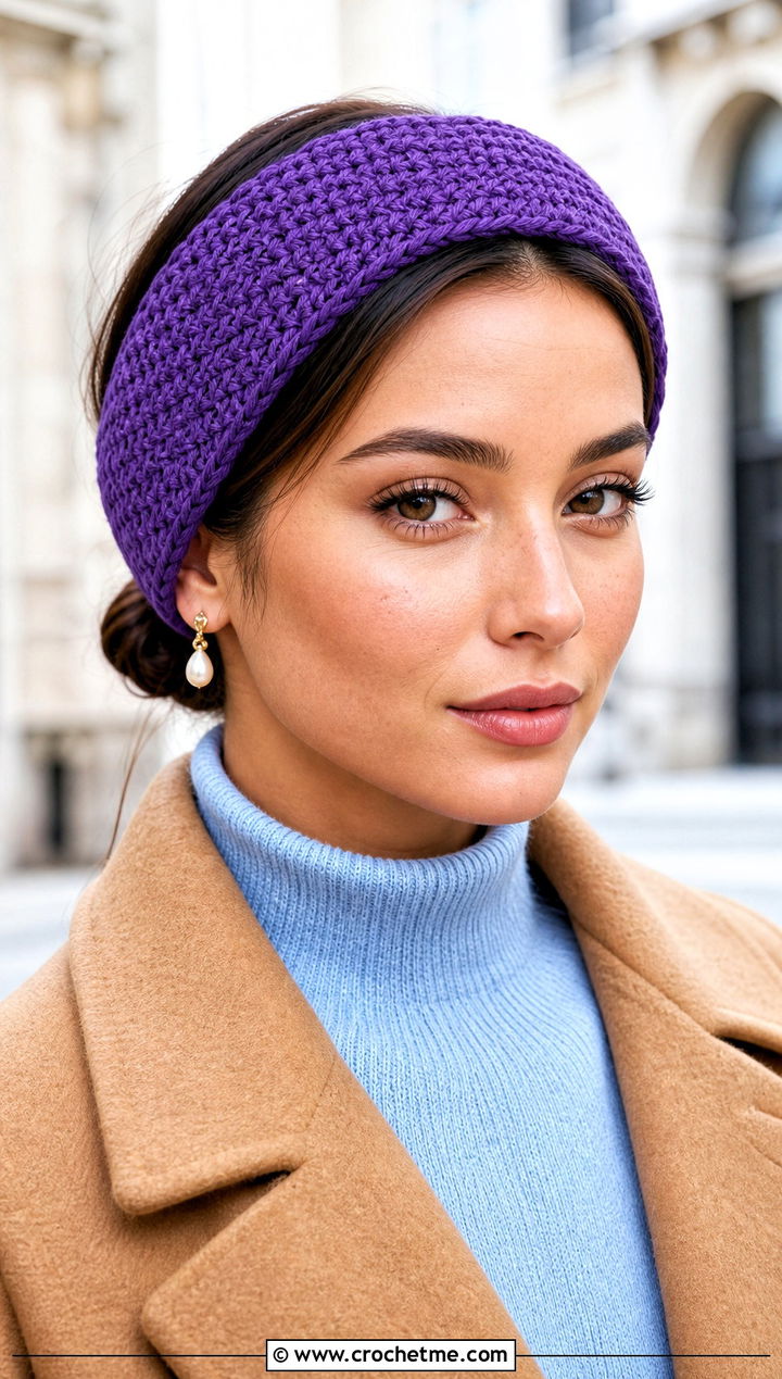 Knit Look Crochet Headband With Wool Coat - 30 crochet fall headband outfit ideas