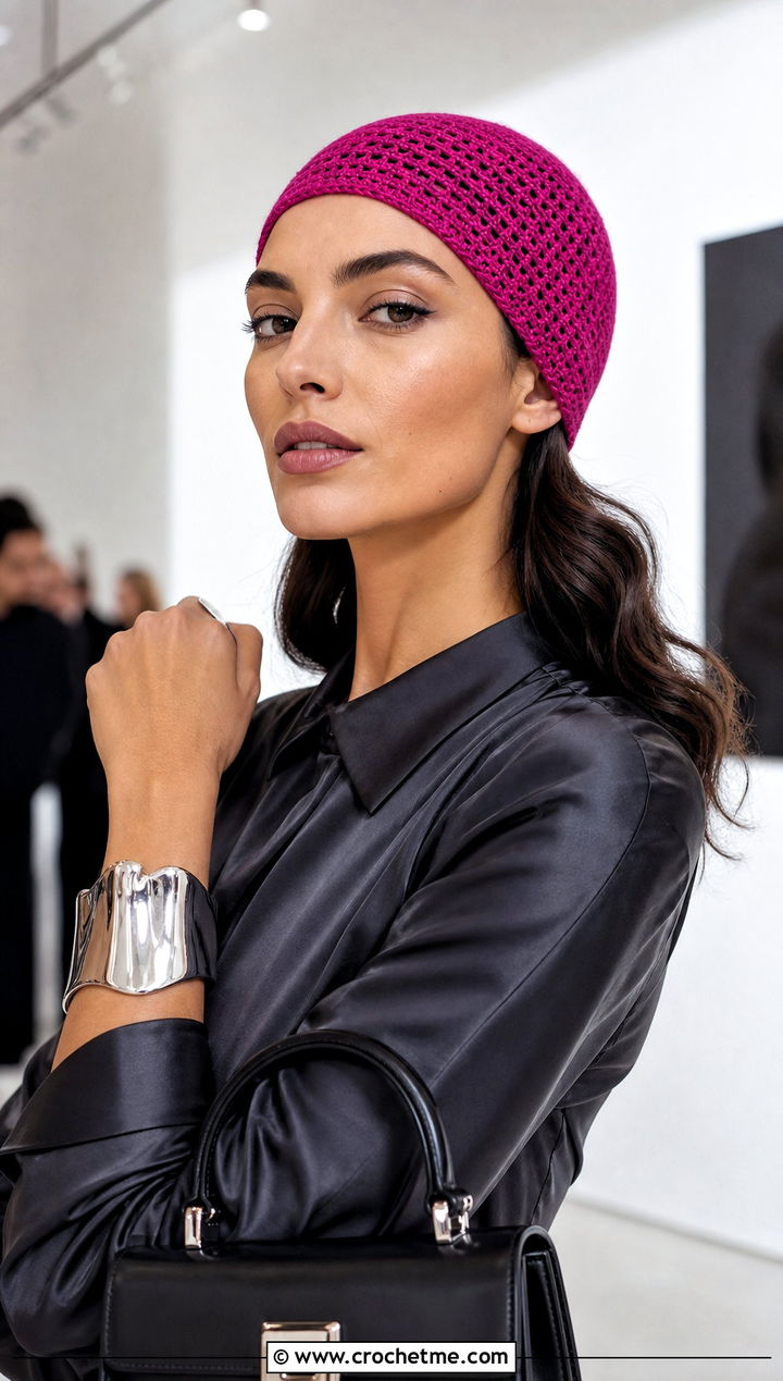Knit Look Crochet Skull Cap With Satin Separates - 20 Crochet Knit Look Hat outfit ideas