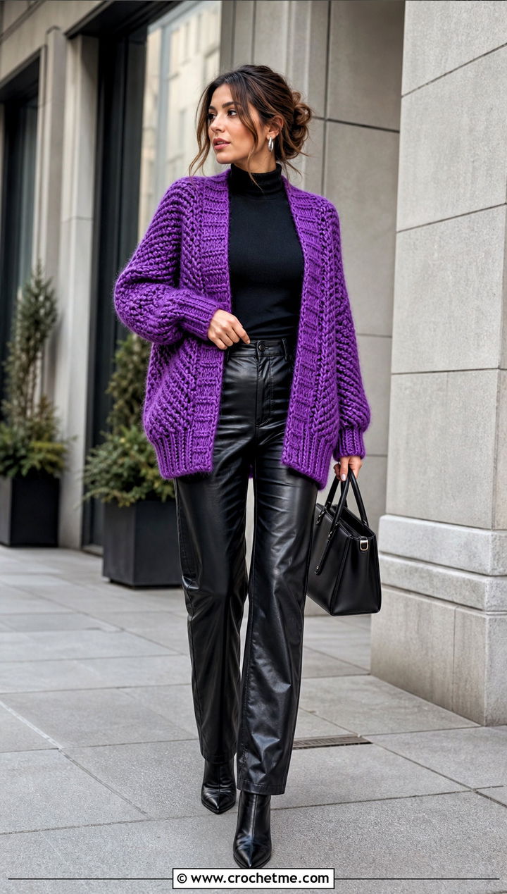 Knit Look Oversized Crochet Cardigan With Leather Pants - 25 Bulky Crochet Cardigan outfit ideas