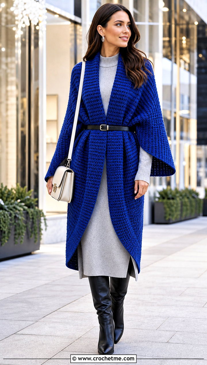 Knit Stitch Tunisian Crochet Wrap With Sweater Dress - 25 Tunisian Crochet Wrap outfit ideas