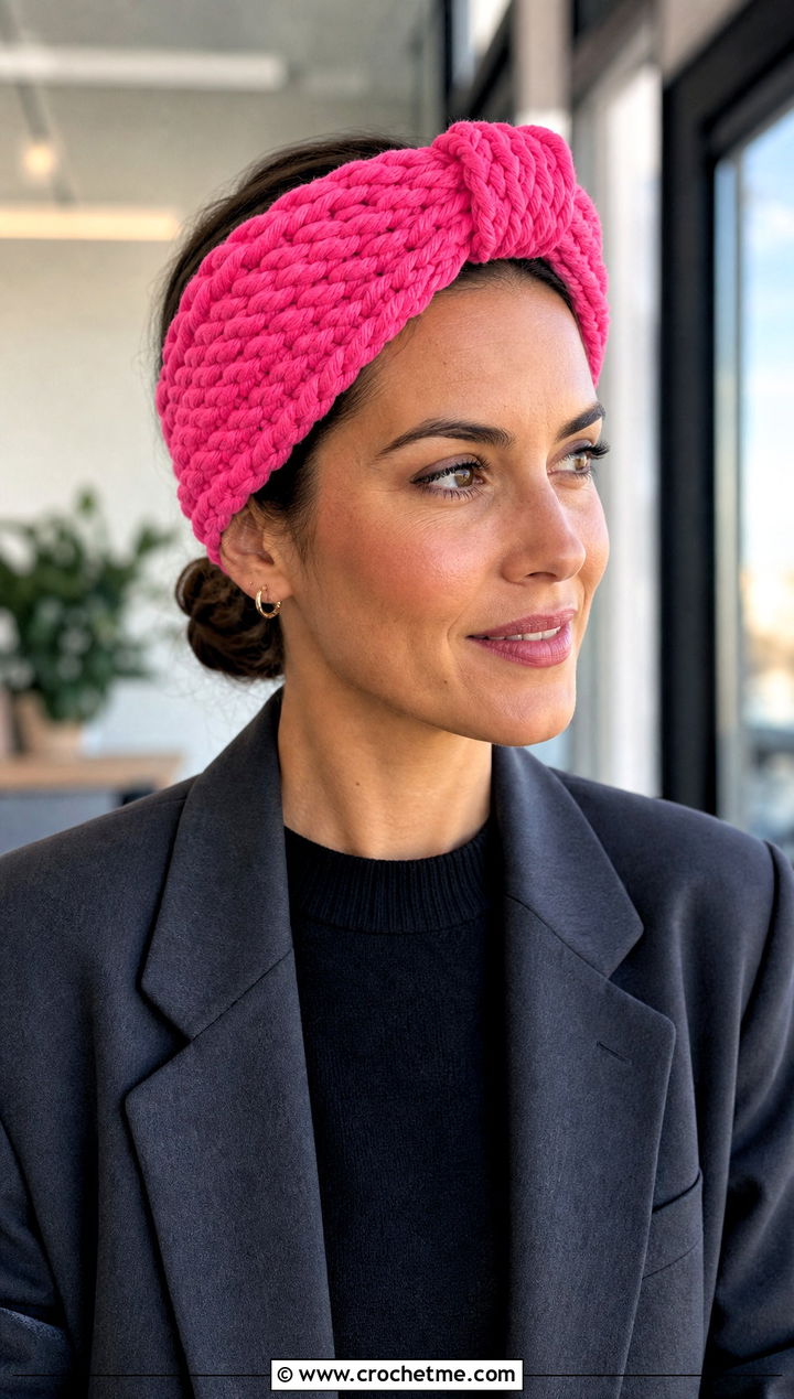 Knot Front Bulky Yarn Crochet Headband With Blazer - 25 bulky yarn crochet headband outfit ideas