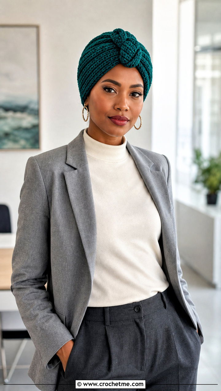 Knot Front Crochet Turban Hat With Blazer And Trousers - 35 crochet turban hat outfit ideas