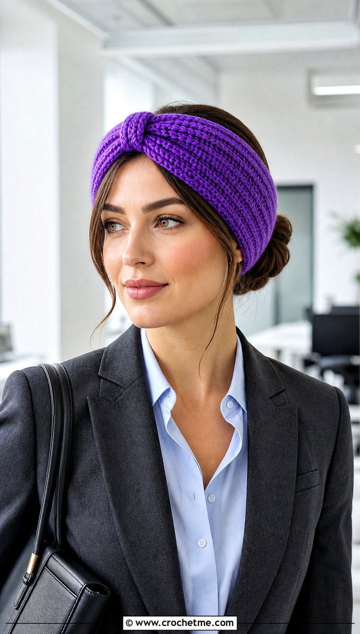Knot Front Ribbed Crochet Headband With Workwear Suit - 15 Cozy Ribbed Crochet Headband outfit ideas