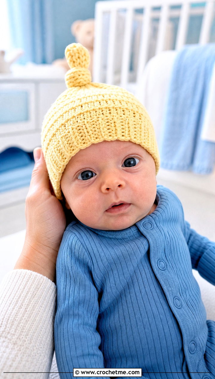 Knot Top Preemie Beanie With Ribbed Footie - 30 crochet premie hats outfit ideas