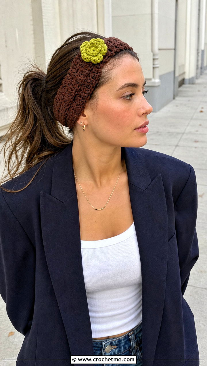 Knotted Brown Crochet Flower Headband With Blazer And Shorts - 15 brown crochet headband with flower outfit ideas
