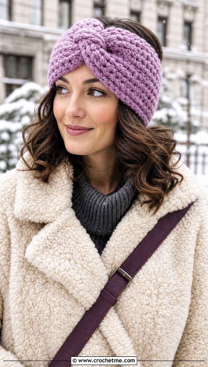 Knotted Center Bulky Yarn Crochet Ear Warmer With Shearling Coat - 20 Bulky Yarn Crochet Ear Warmer outfit ideas