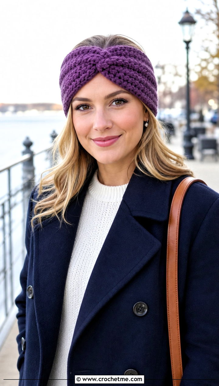 Knotted Chunky Ear Warmer With Peacoat - 25 Crochet Chunky Ear Warmer outfit ideas