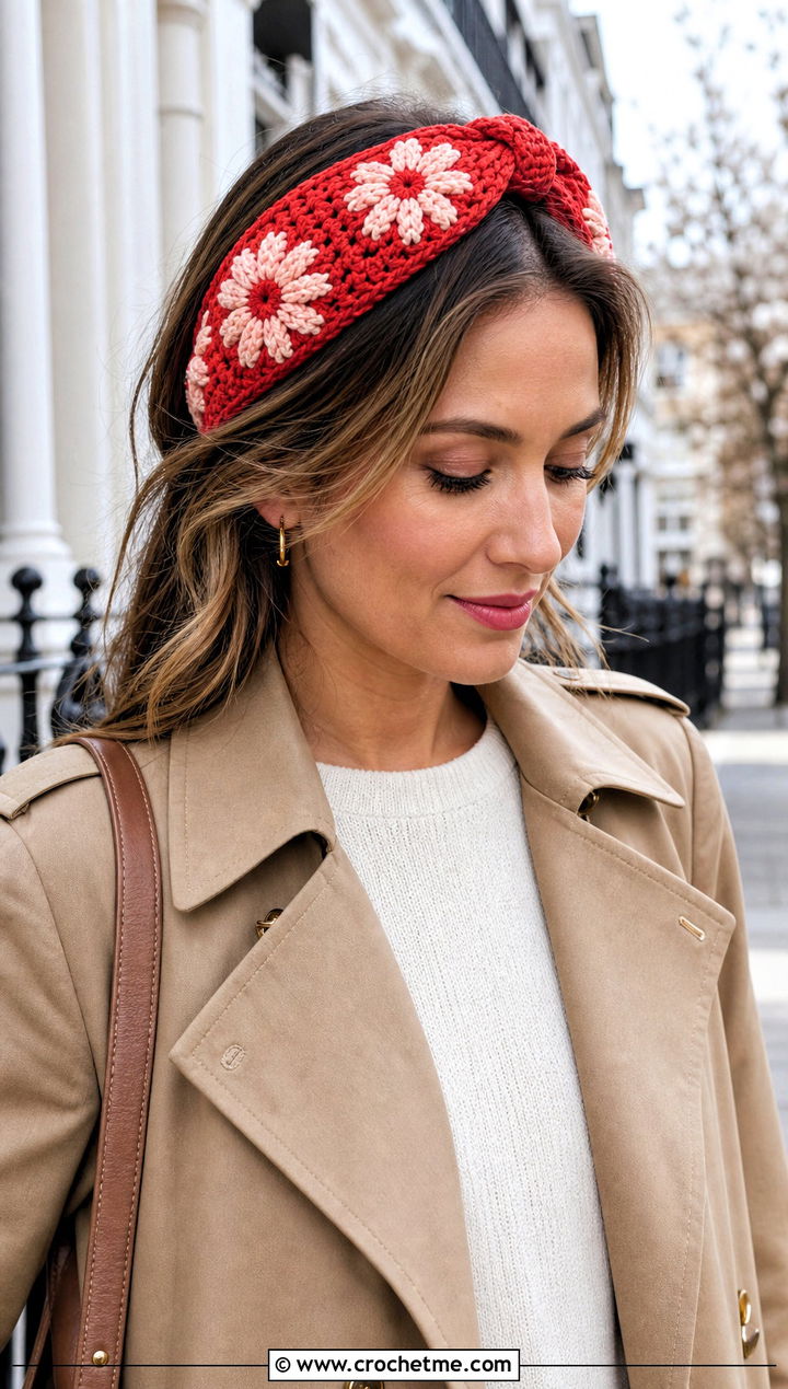 Knotted Crochet Daisy Headband With Trench Coat - 25 Crochet Daisy Headband outfit ideas