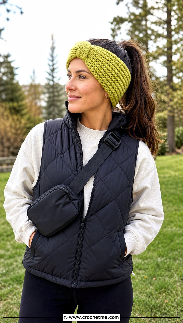 Knotted Crochet Ear Warmer With Puffer Vest - 15 Quick And Easy Crochet Ear Warmers outfit ideas