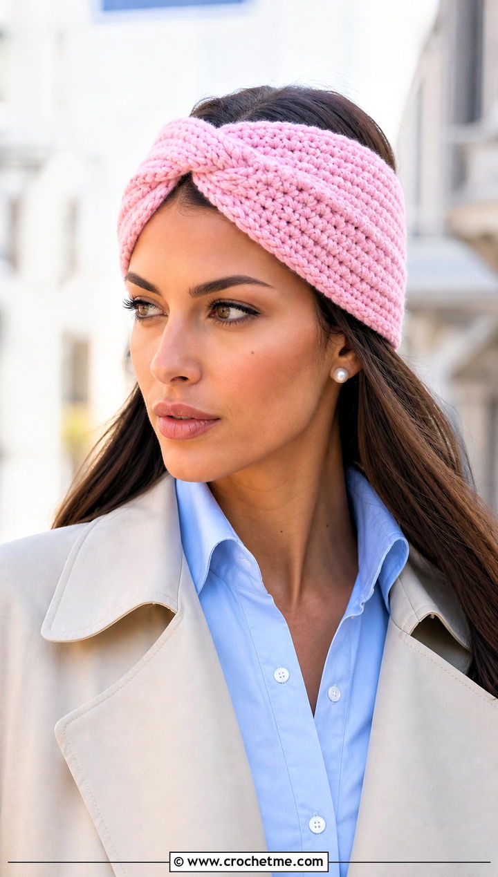 Knotted Crochet Ear Warmer With Trench Coat - 25 Beginner Crochet Ear Warmer outfit ideas