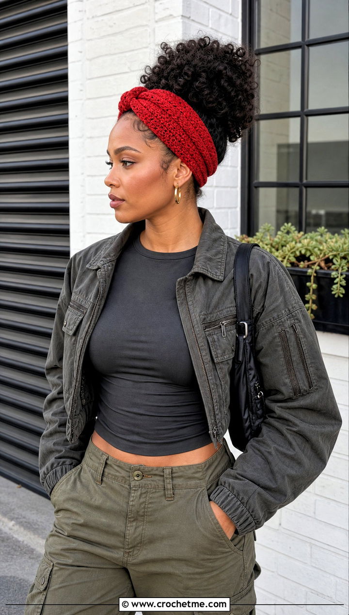 Knotted Crochet Headband With Cargo Pants - 30 crochet headband curly hair outfit ideas