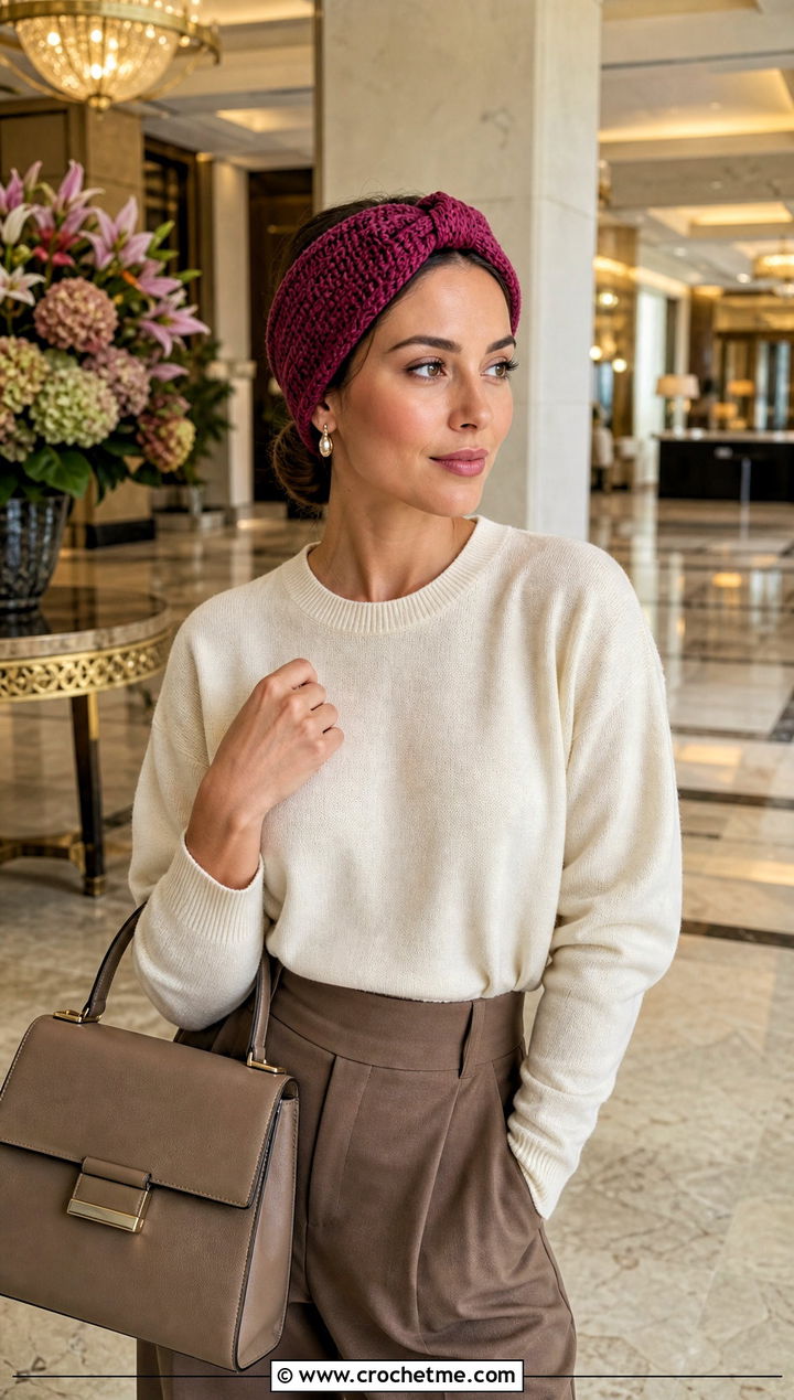 Knotted Crochet Headband With Sweater And Wide Leg Trousers - 25 crochet for headbands outfit ideas