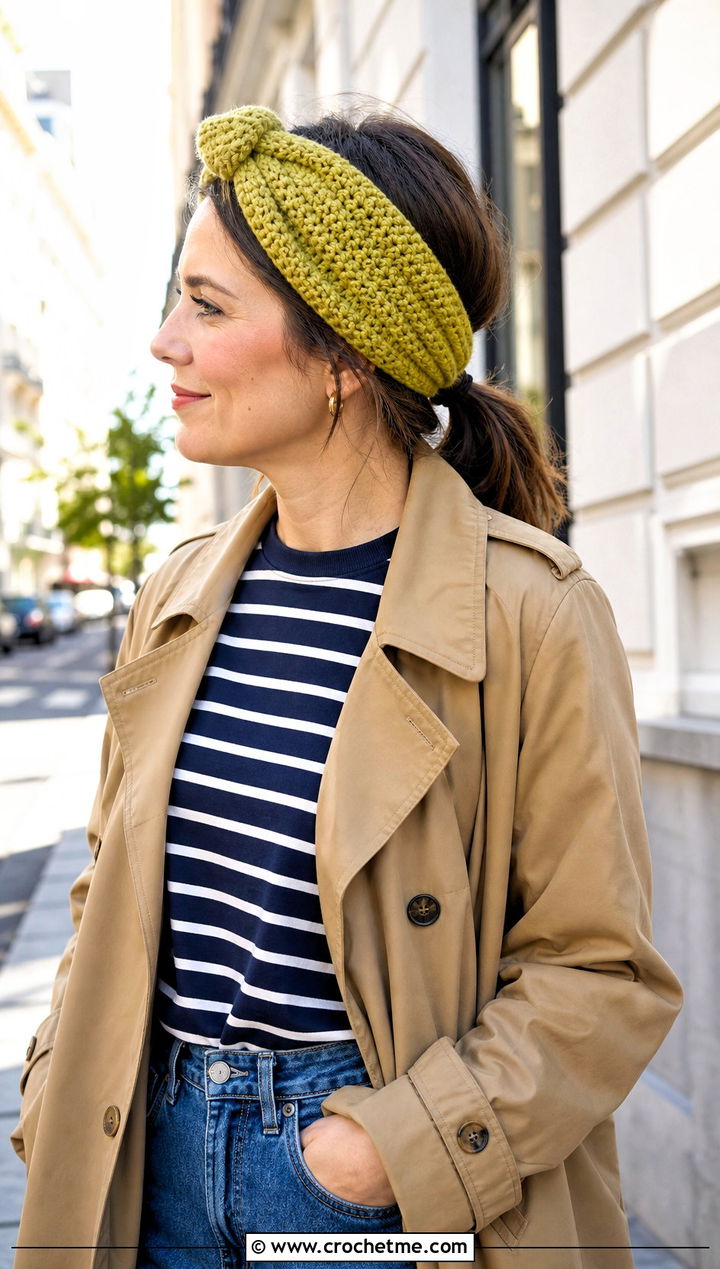 Knotted Crochet Headband With Trench Coat - 30 crochet headband for women outfit ideas