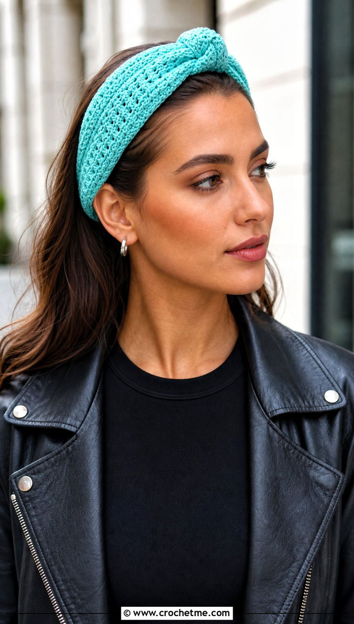 Knotted Crochet Makeup Headband With Leather Jacket And Black Jeans - 25 Crochet Makeup Headband outfit ideas