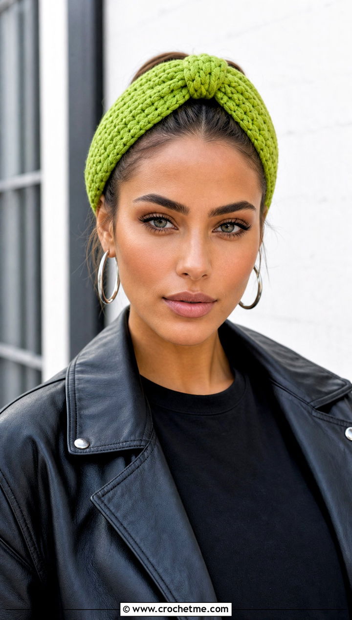 Knotted Green Crochet Headband With Leather Jacket And Cargo Pants - 30 green crochet headband outfit ideas