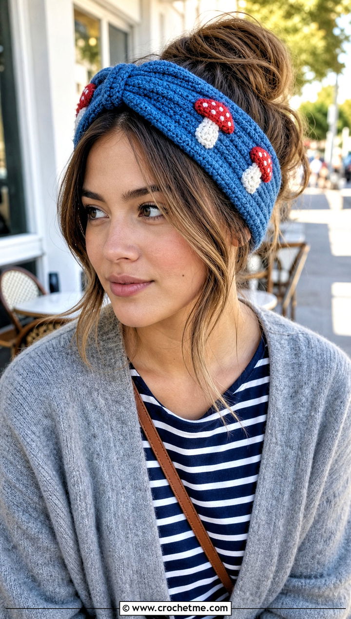 Knotted Mushroom Crochet Headband With Mom Jeans - 25 Crochet Mushroom Headband outfit ideas