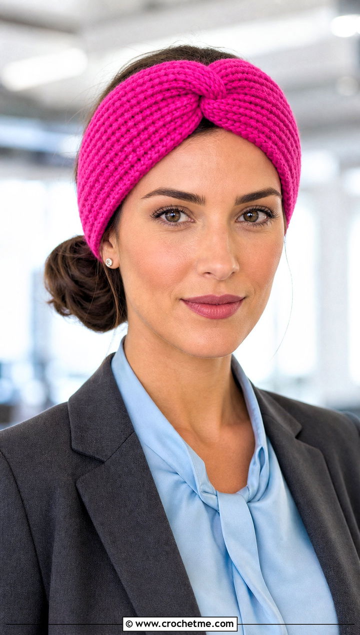 Knotted Tunisian Rib Stitch Headband With Blazer - 30 tunisian crochet headband outfit ideas