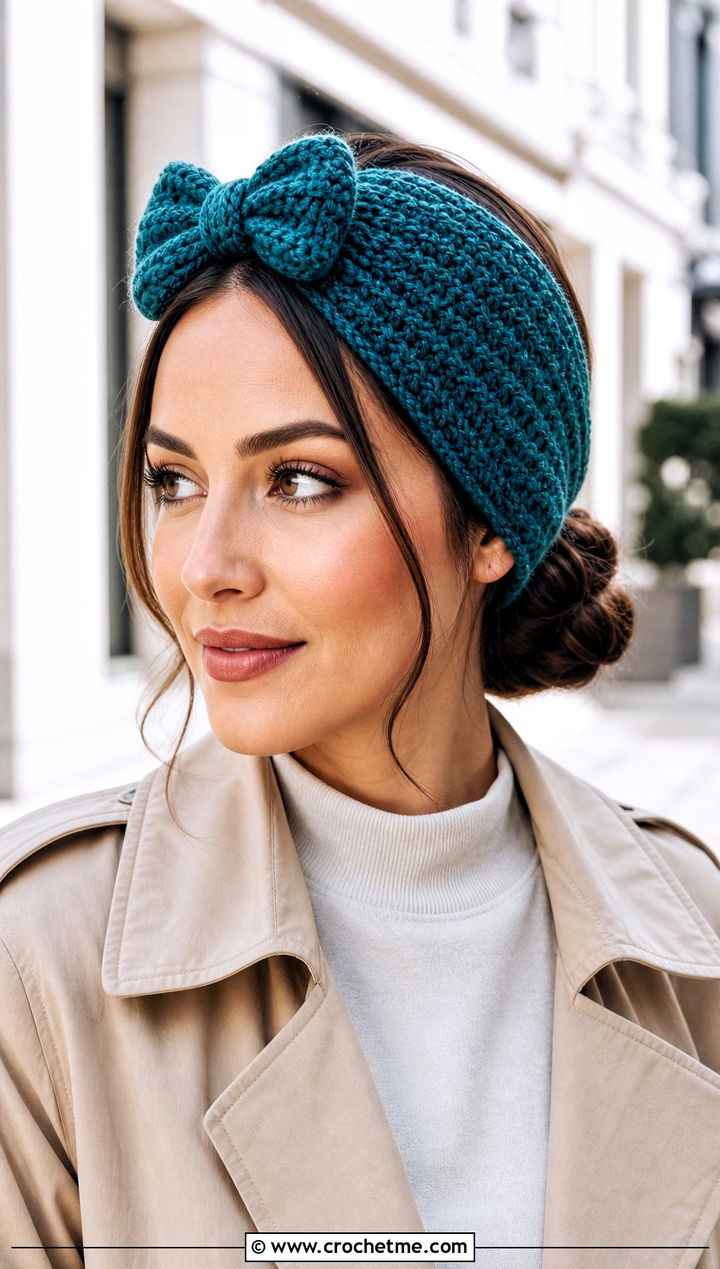 Knotted Turban Crochet Bow Headband With Trench Coat And Trousers - 30 crochet headband with bow outfit ideas