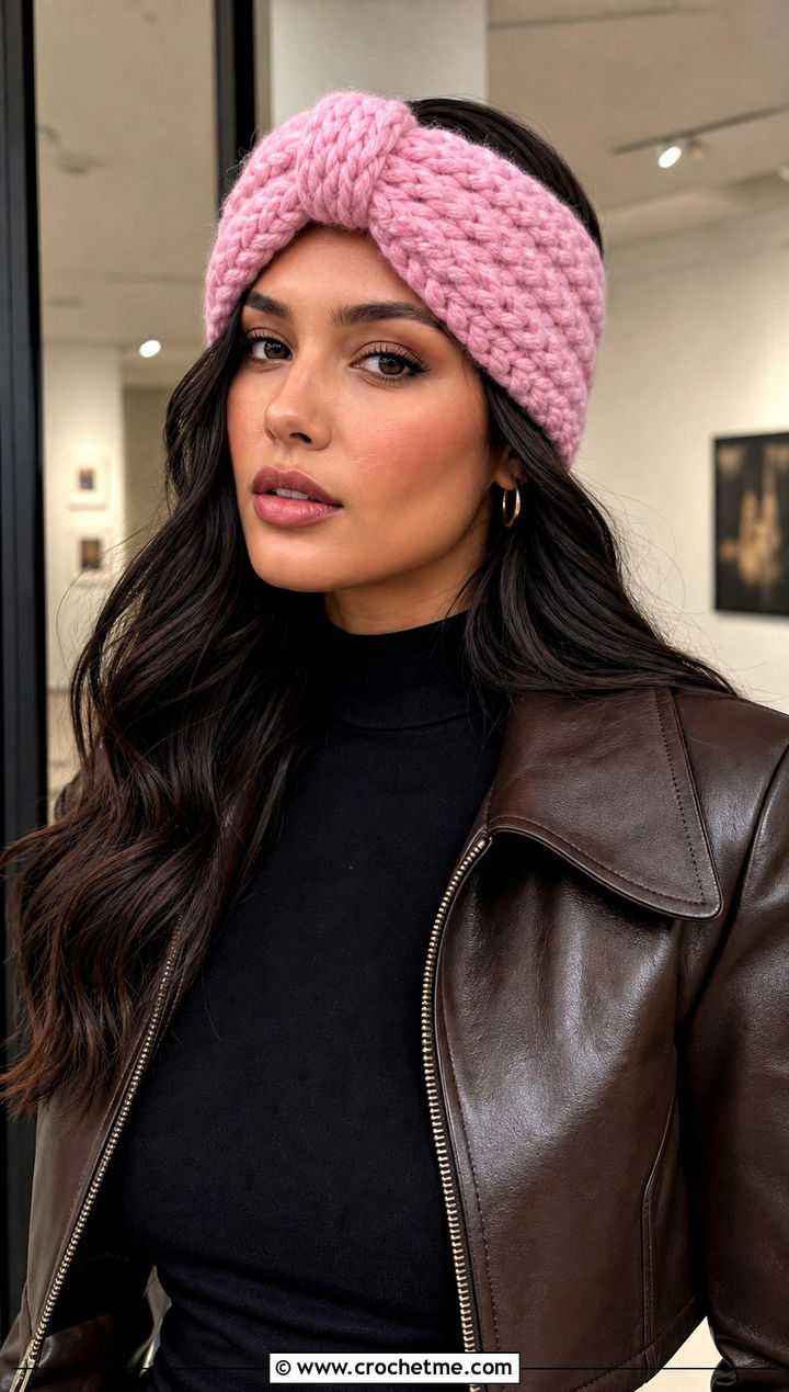 Knotted Turban Crochet Headband With Leather Jacket - 15 wool ease thick and quick crochet headband outfit ideas