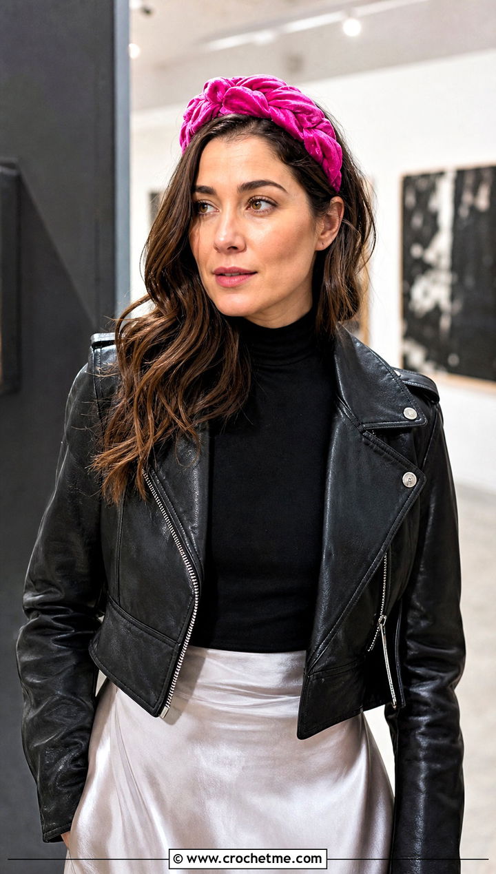 Knotted Velvet Twist Crochet Headband With Leather Jacket And Midi Skirt - 20 Velvet Twist Crochet Headband outfit ideas