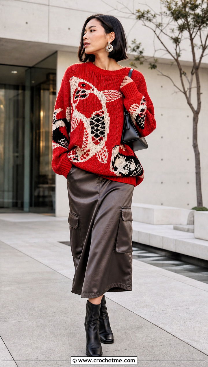 Koi Fish Crochet Graph Sweater With Satin Cargo Skirt - 30 crochet graph sweater outfit ideas