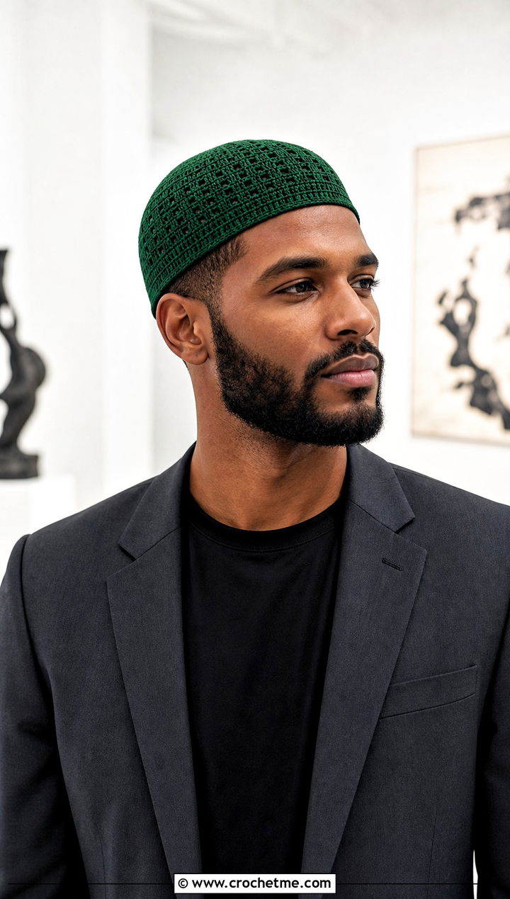 Kufi Style Crochet Skull Cap With Relaxed Suit - 25 Mens Crochet Skull Cap outfit ideas