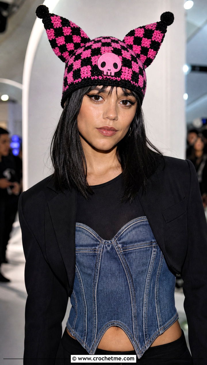 Kuromi Checkerboard Beanie With Denim Corset Top - 25 sanrio crochet beanie outfit ideas
