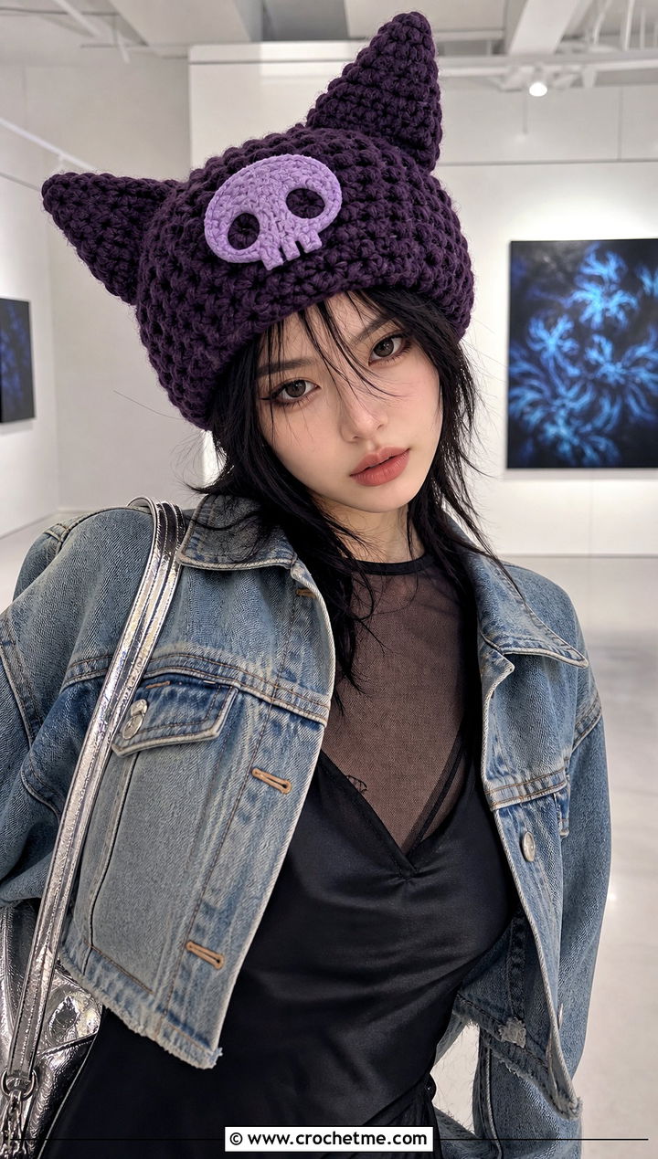 Kuromi Chunky Beanie With Slip Dress - 25 sanrio crochet beanie outfit ideas