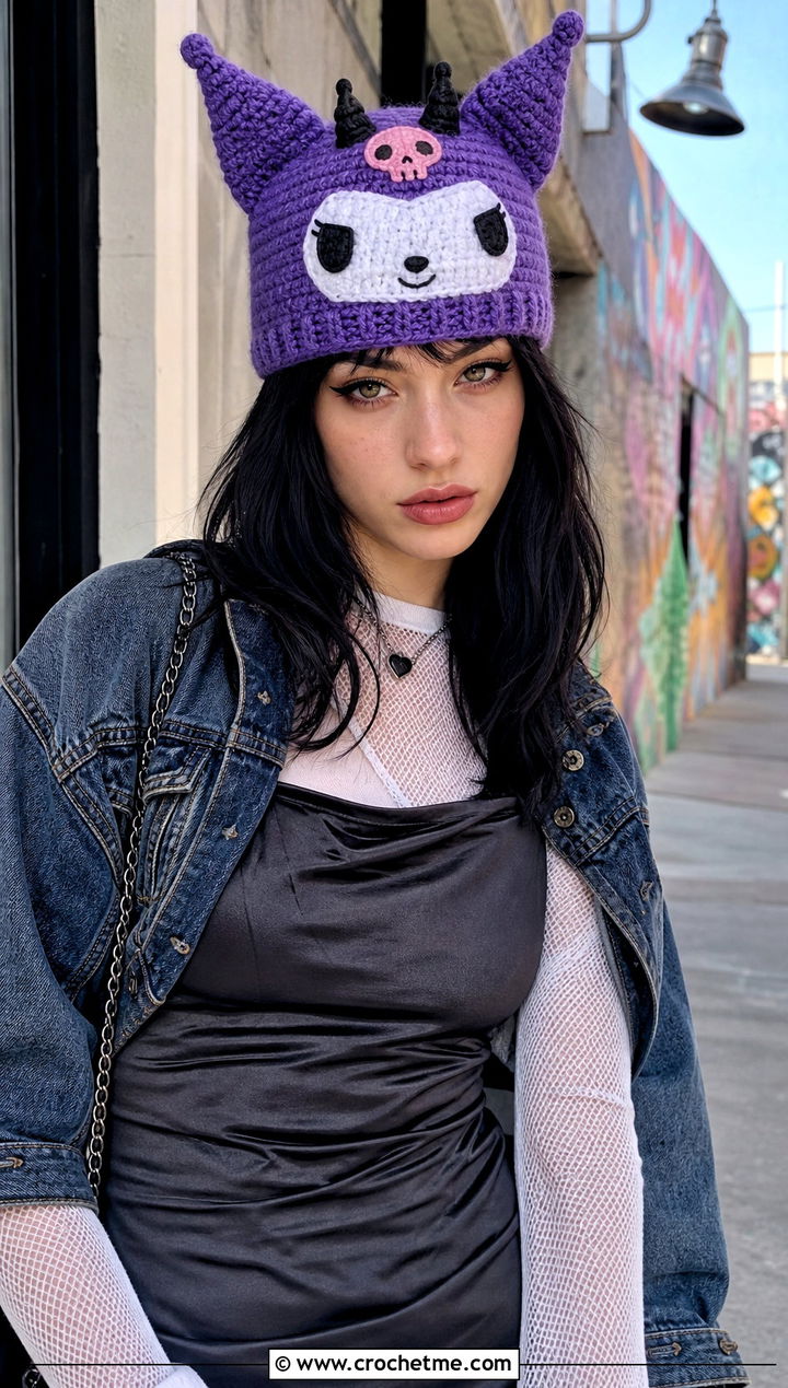 Kuromi Crochet Devil Horn Beanie With A Slip Dress - 30 sanrio crochet hat outfit ideas