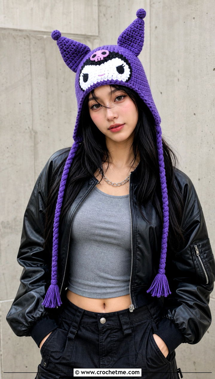 Kuromi Crochet Earflap Hat With Black Cargo Pants - 30 sanrio crochet hat outfit ideas