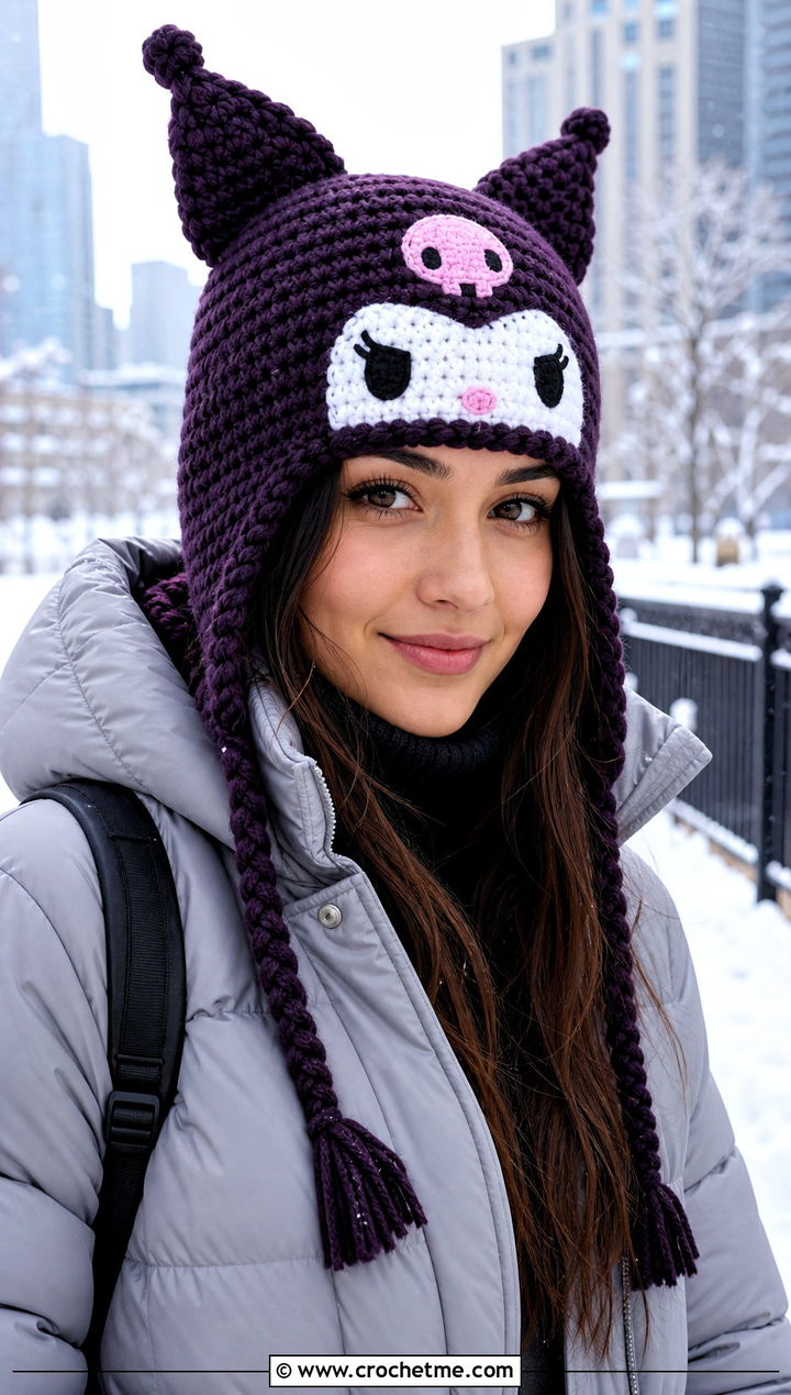 Kuromi Crochet Trapper Hat With A Long Puffer Coat - 30 sanrio crochet hat outfit ideas
