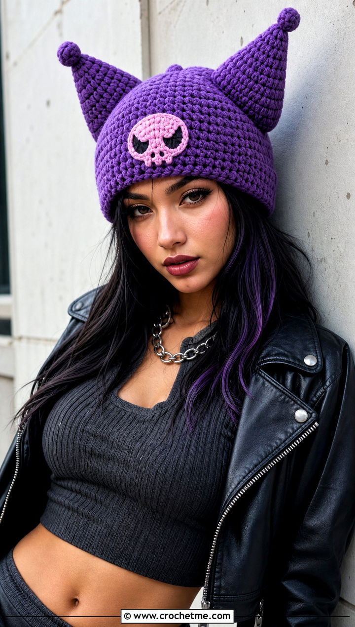 Kuromi Horned Beanie With Leather Jacket - 25 sanrio crochet beanie outfit ideas