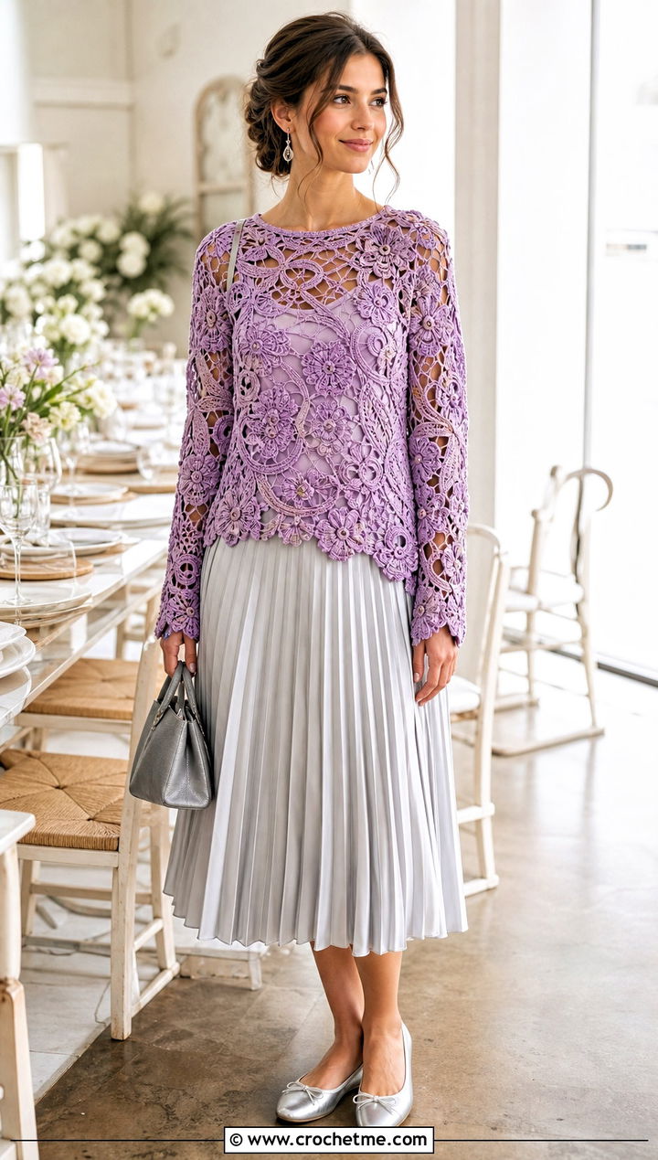 Lace And Bullion Stitch Sweater With Pleated Skirt - 15 Freeform Crochet Sweater Ideas
