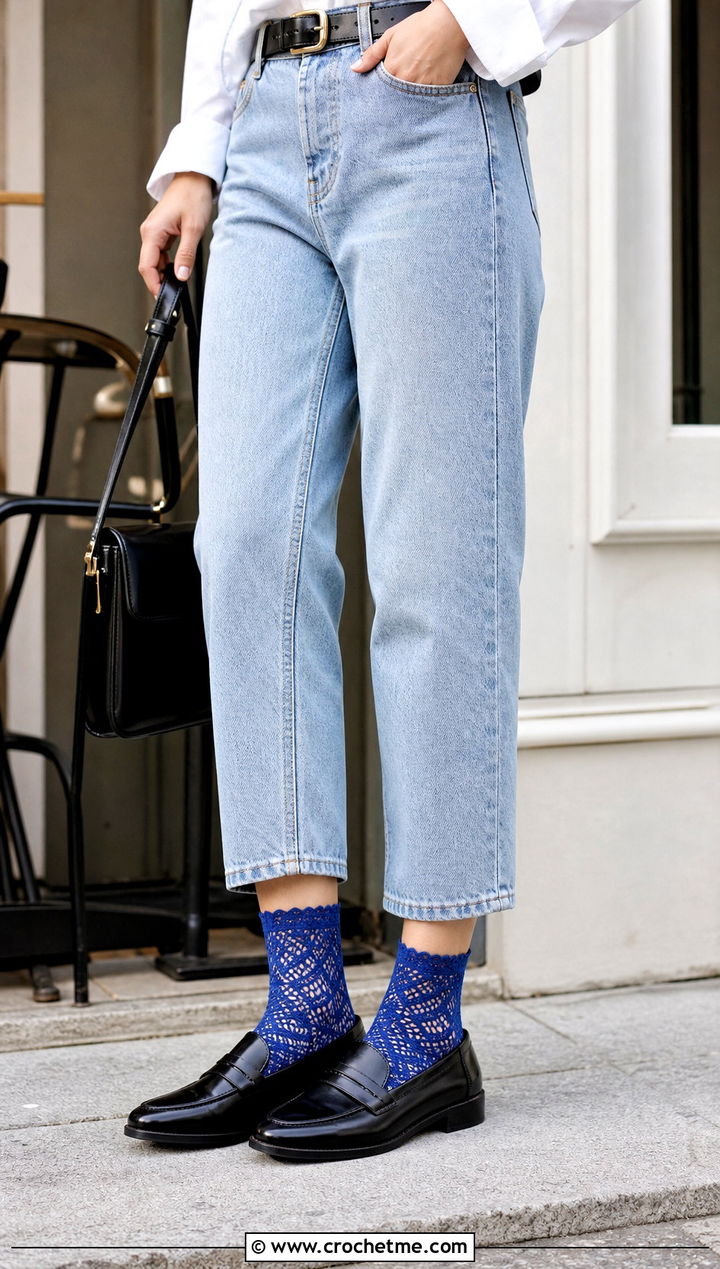Lace Ankle Crochet Socks With Jeans And Loafers - 15 crochet ladies socks outfit ideas