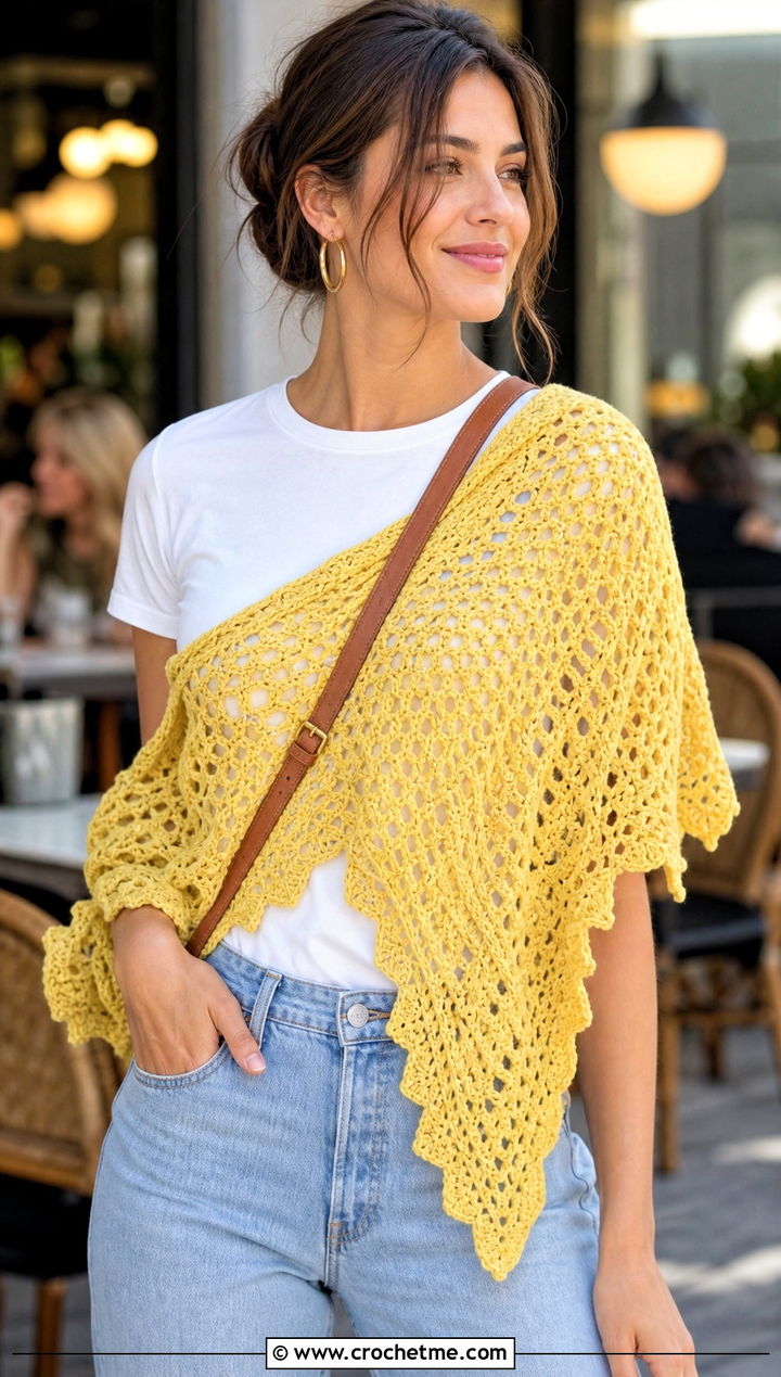 Lace Asymmetrical Crochet Shawl With White Tee And Jeans - 30 asymmetrical crochet shawl outfit ideas