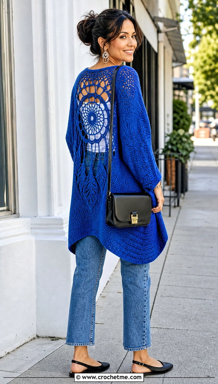Lace Back Dream Catcher Cocoon Cardigan With Straight Jeans - 25 dream catcher crochet cardigan outfit ideas