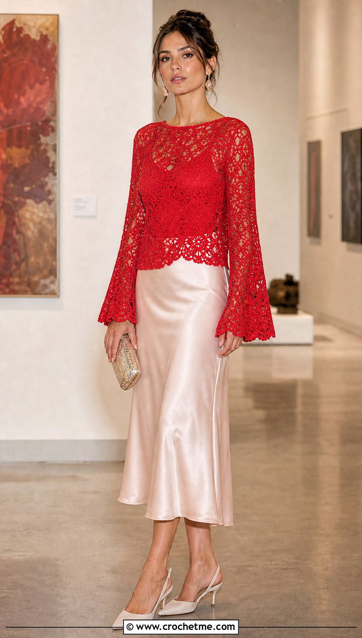 Lace Bell Sleeve Crochet Sweater With Satin Midi Skirt - 25 bell sleeve crochet sweater outfit ideas
