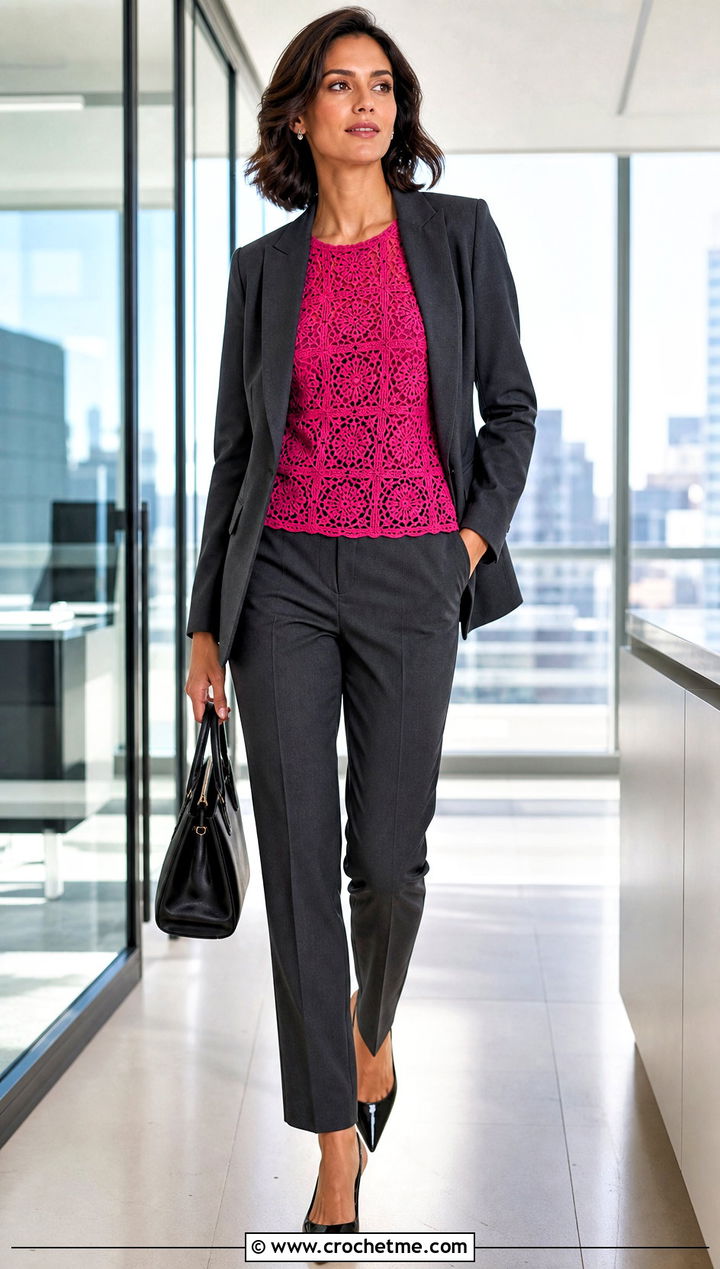 Lace Block Crochet Sweater With a Tailored Suit - 30 crochet block sweater outfit ideas