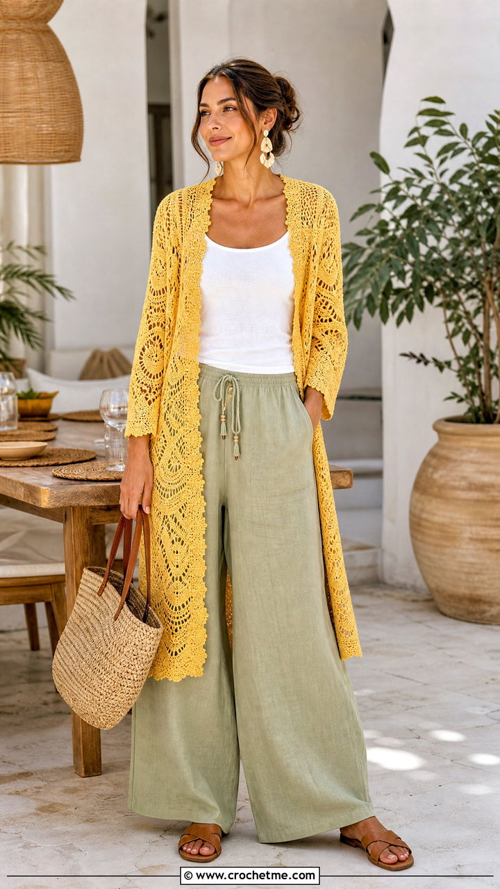 Lace Boho Crochet Cardigan With Linen Pants - 35 Boho Crochet Cardigan outfit ideas
