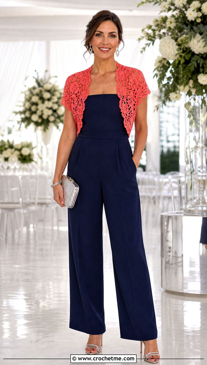 Lace Bolero Irish Crochet Cardigan With Strapless Jumpsuit - 25 Irish Crochet Cardigan outfit ideas