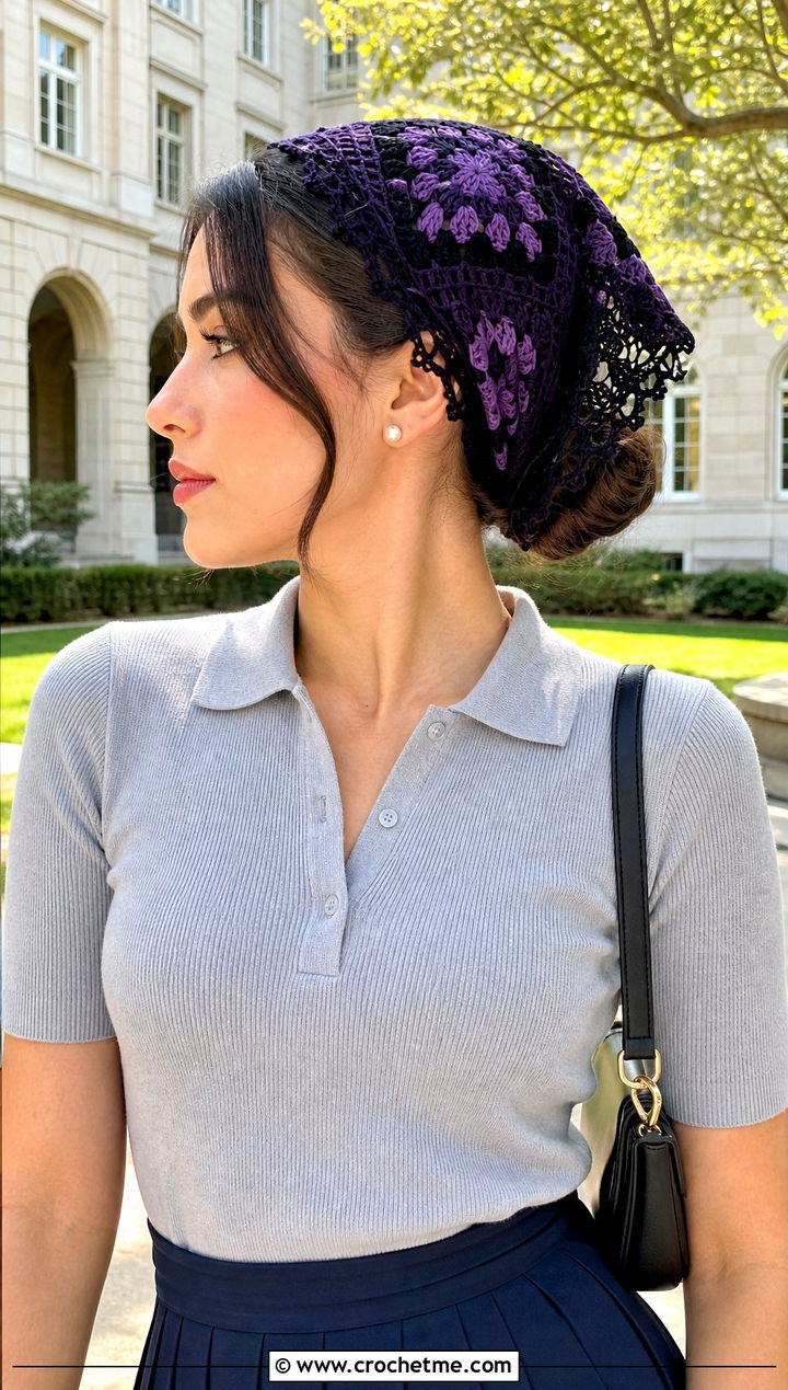 Lace Border Granny Square Hair Scarf With Knit Polo And Pleated Skirt - 25 granny square hair scarf outfit ideas