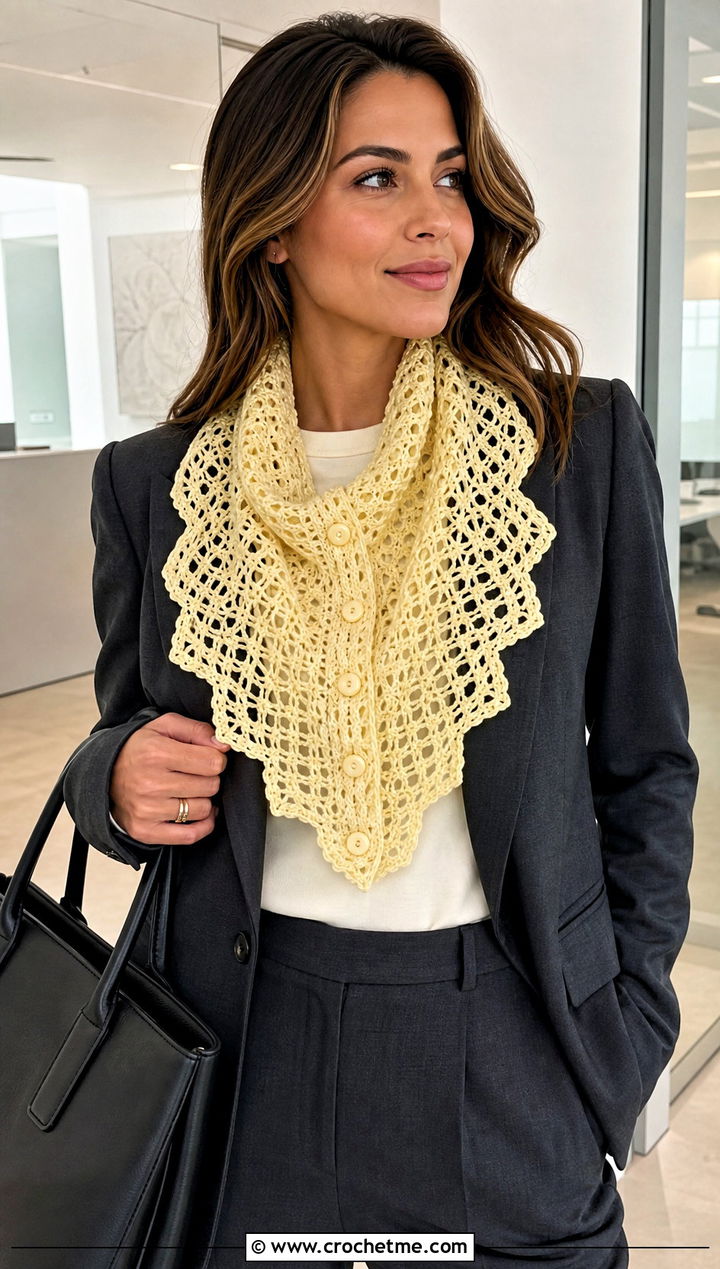 Lace Button Cowl With Blazer And Tailored Trousers - 15 Crochet Cowl With Buttons outfit ideas